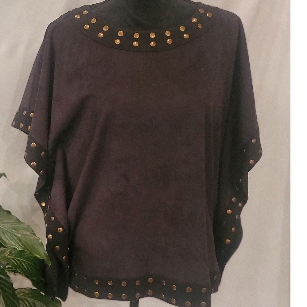 Nygard Women Faux Suede Studded Poncho Top Charcoal Gray Gold‎ Studs Size PS
